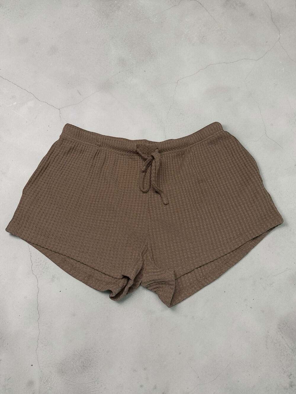 Ekouaer Brown Waffle Knit Lounge Shorts with Drawstring